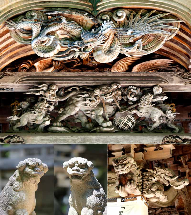 十和田神社 拝殿の彫刻と狛犬